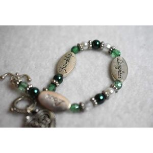 Celtic Green Beaded Silver Tone Friendship/Laughter/Love Heart Charm Bracelet